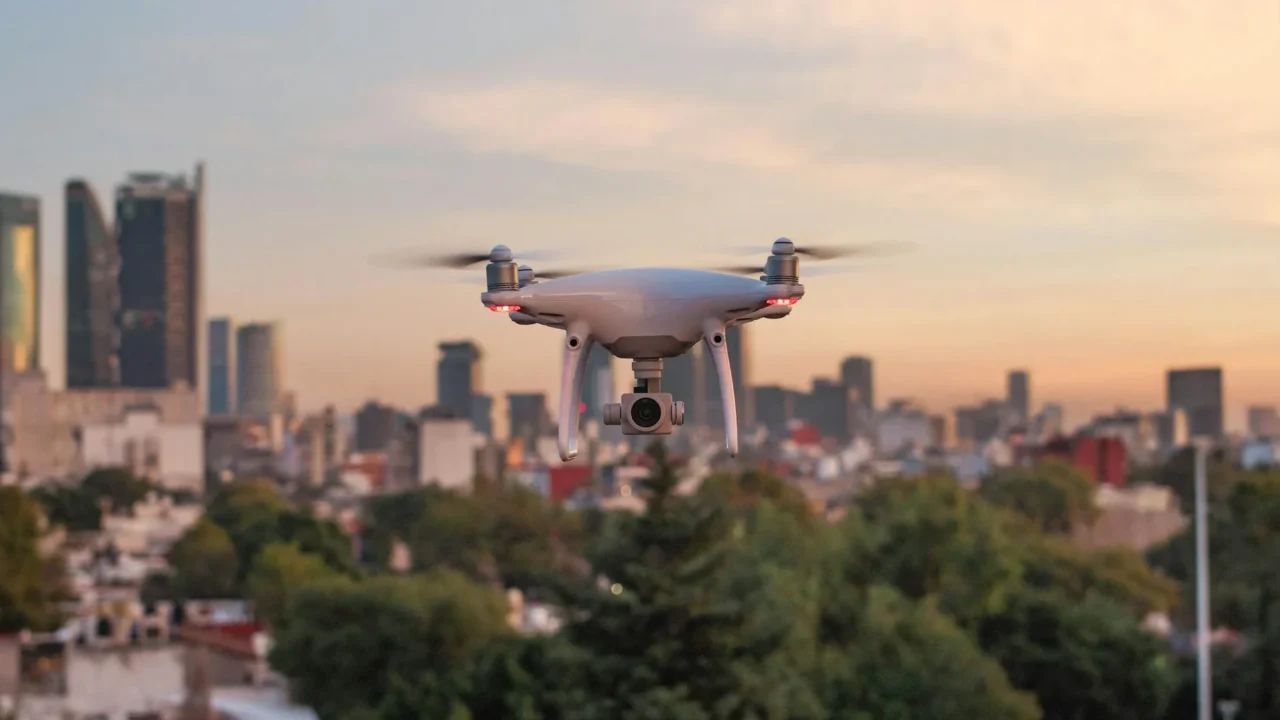 Drone Flying Modern City Aerial View